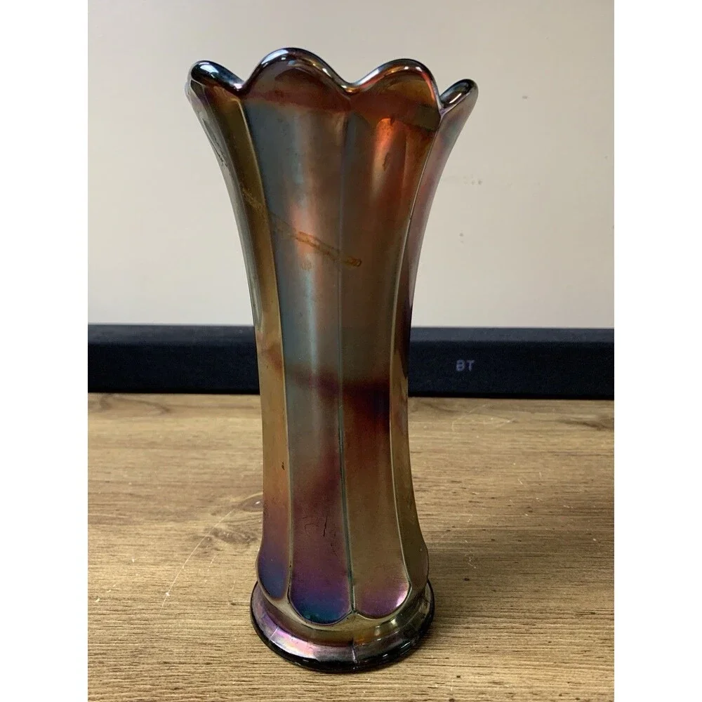 Vintage Concave Flute Carnival Glass Vase 8” By Westmoreland MCM Decorative READ